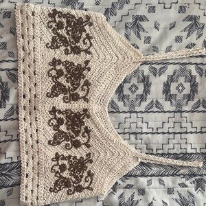 Elegant Crochet Knit Cream and Brown Crop Top